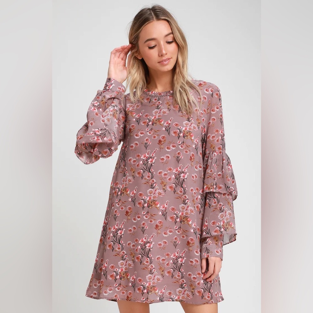 Lulu’s Day Date Mauve Floral Print Tiered Flounce Sleeve Mini Dress- Size L